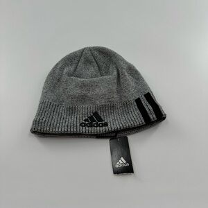 Adidas AEROREADY Grey Beanie w/ Black Logo & Stripes – NWT